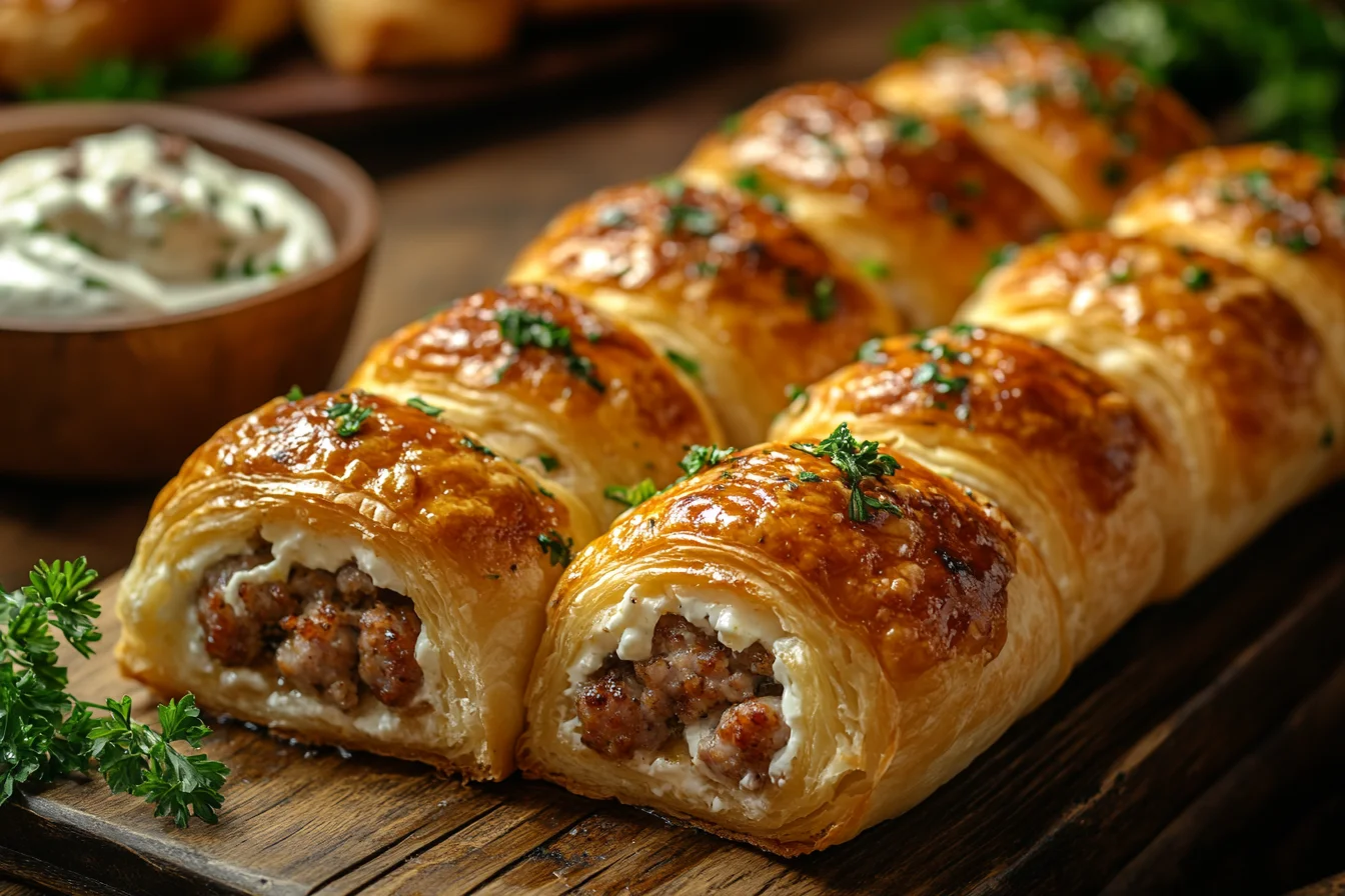 Sausage and cream cheese crescent rolls freshly baked on a tray