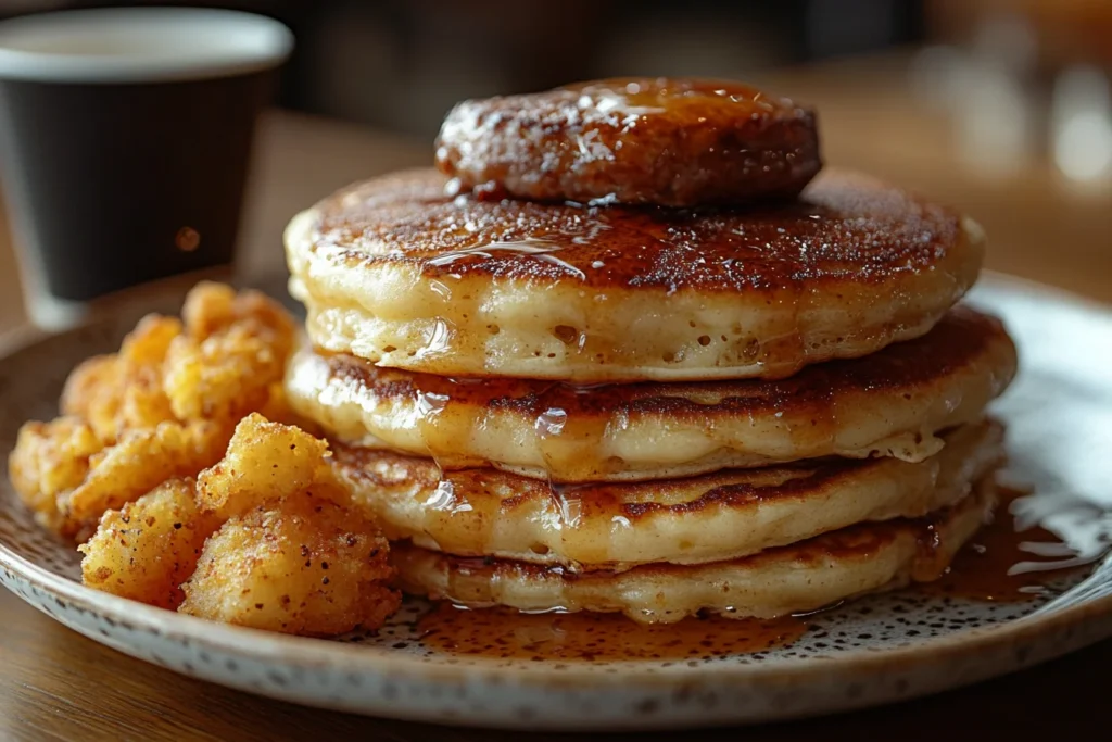 Does Burger King Have Pancakes? 4 Pancakes paired with hash browns and sausage on a breakfast plate