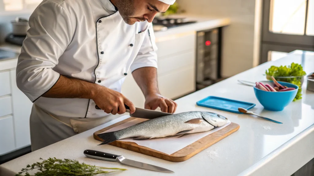 Is Branzino a Good Fish to Eat? 5 A chef preparing a whole Branzino fish in a professional kitchen
