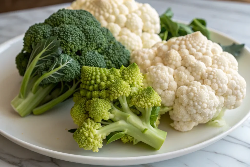 What is the Mix Between Broccoli and Cauliflower? 2 Broccoli, cauliflower, and Romanesco side by side on a white plate