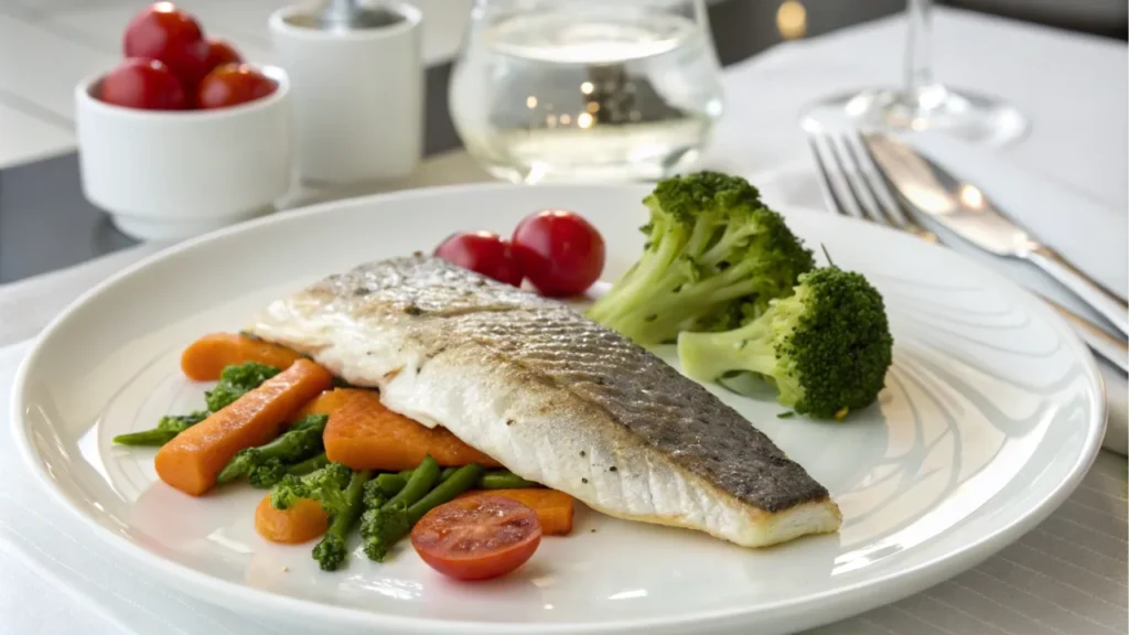 Is Branzino a Good Fish to Eat? 3 A fillet of cooked Branzino served with steamed vegetables