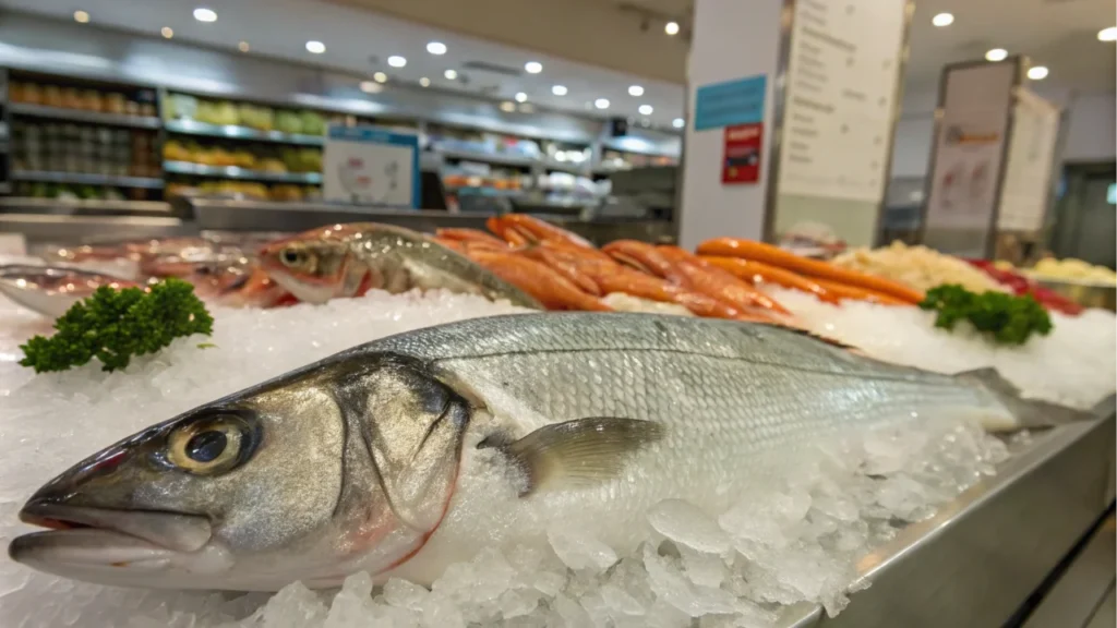 Is Branzino a Good Fish to Eat? 2 a fresh branzino fish displayed on a bed of crushe Is Branzino a Good Fish to Eat?