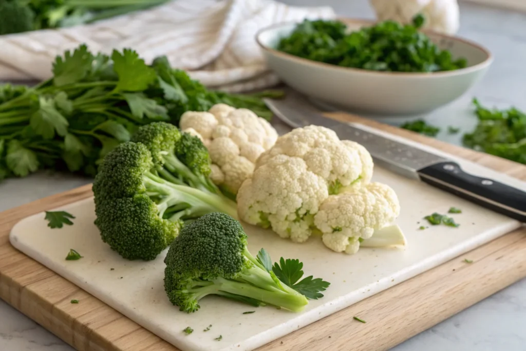 What Is the Healthiest Way to Eat Broccoli and Cauliflower? 2 a side by side display of raw broccoli and caulifl What Is the Healthiest Way to Eat Broccoli and Cauliflower?