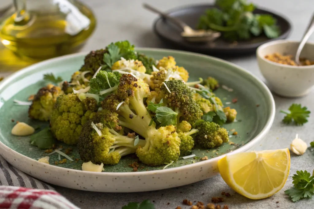 What is the Mix Between Broccoli and Cauliflower? 3 Roasted Romanesco served on a plate with garlic, lemon, and parsley