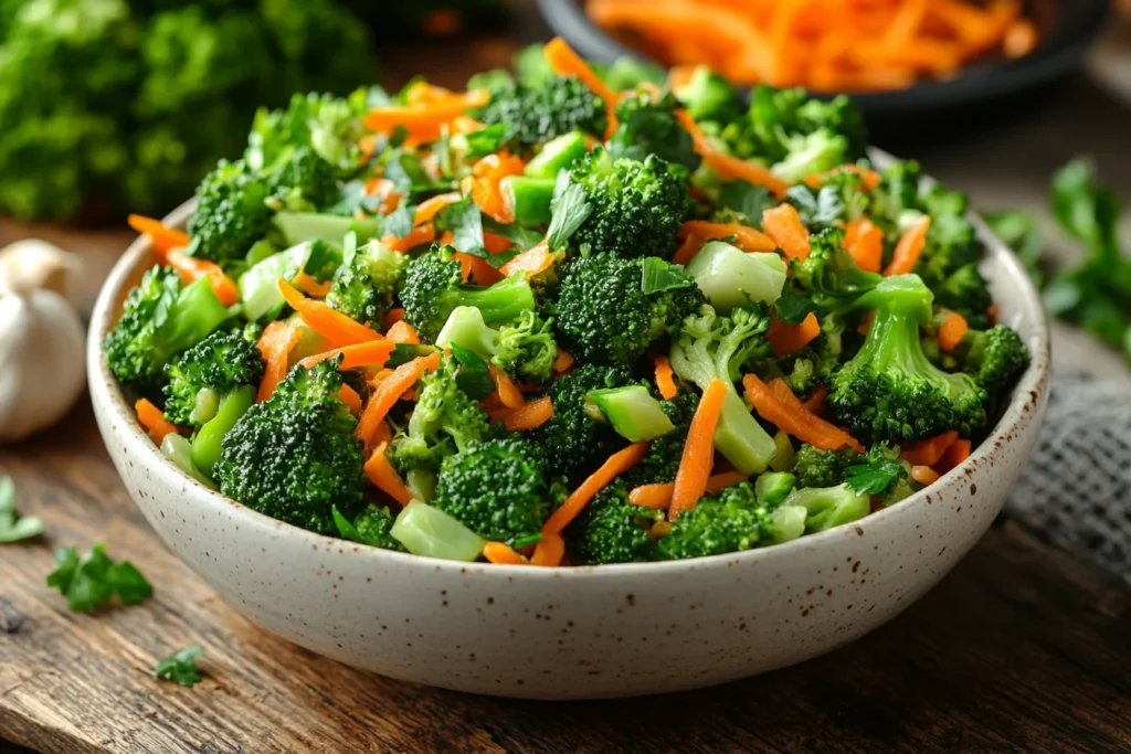 Vibrant broccoli salad with blanched broccoli and vegetables