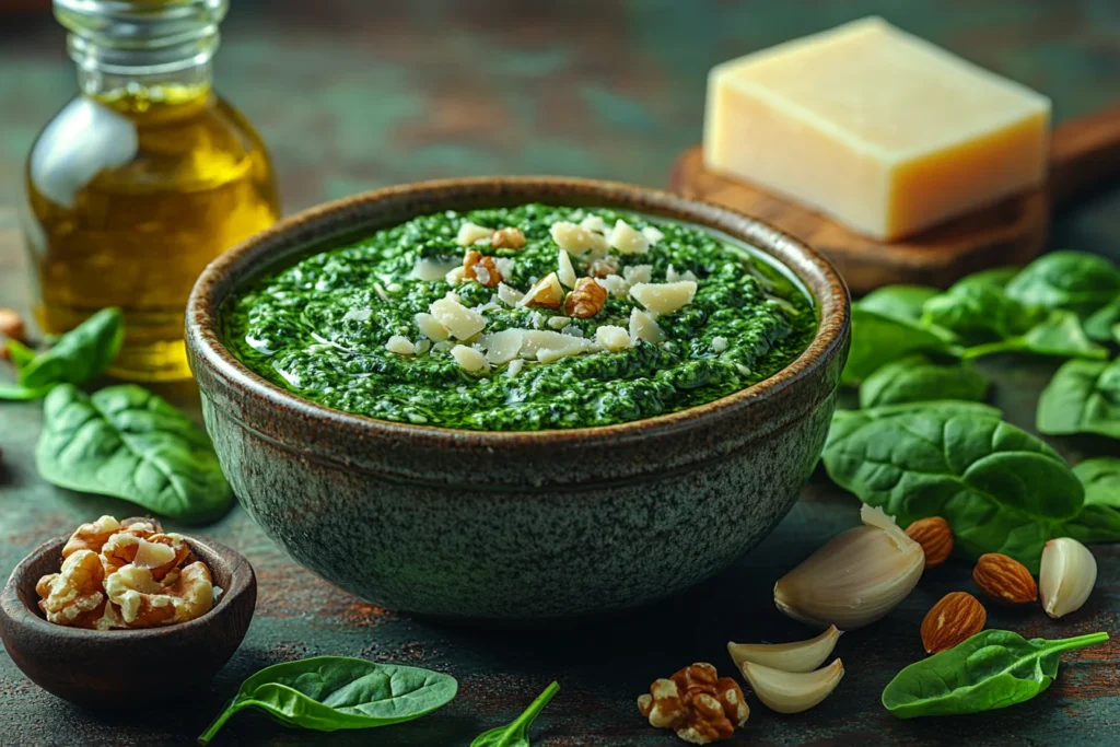 Bowl of spinach pesto with fresh ingredients on a wooden table