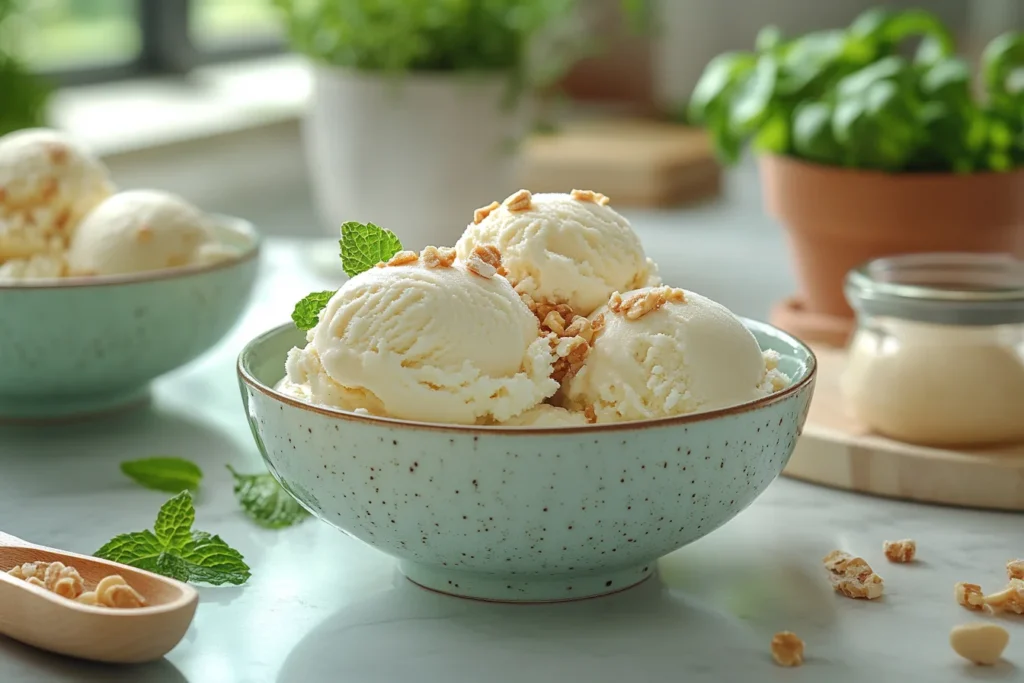 How long do Ninja Creamis last? A kitchen counter with bowls of homemade ice cream.