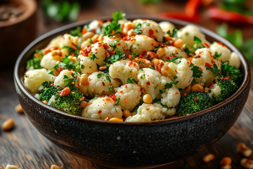A bowl of broccoli cauliflower salad with fresh toppings