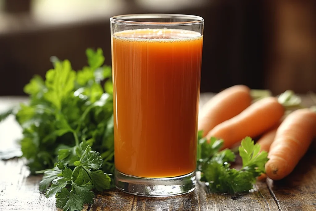 Freshly prepared carrot juice in a glass with carrots beside it