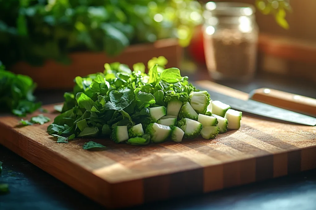 Fresh Asian broccoli (Gai Lan) on a wooden cutting board