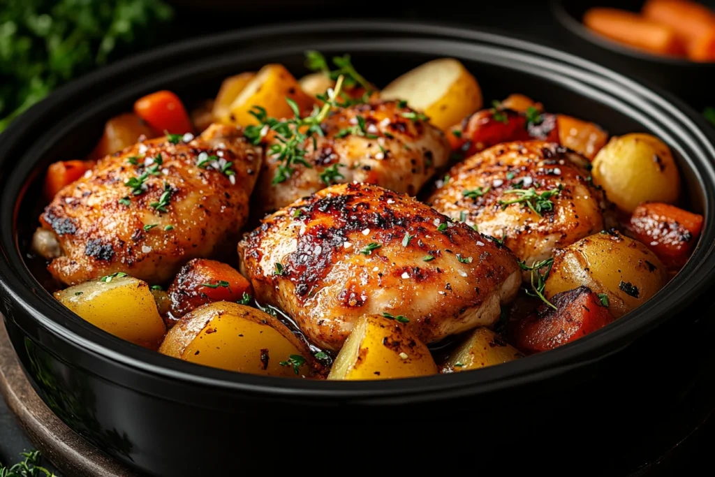 Slow-cooked chicken in a crockpot surrounded by vegetables