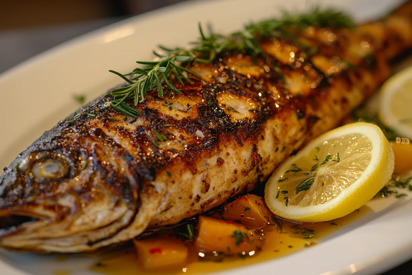 A freshly prepared whole roasted Branzino garnished with herbs and lemon slices
