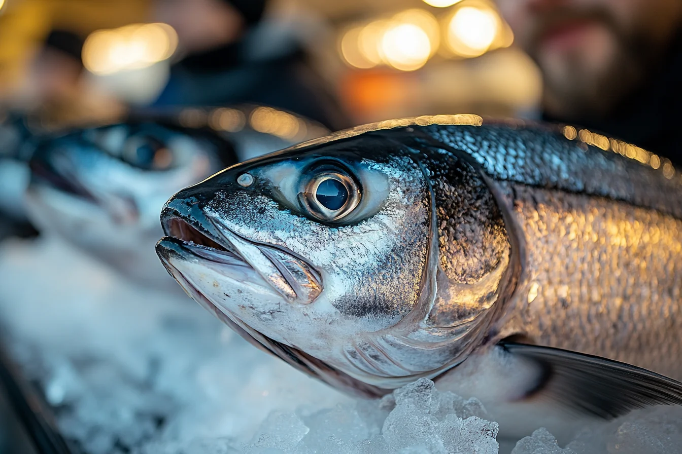 Whole branzino fish displayed on ice at a market