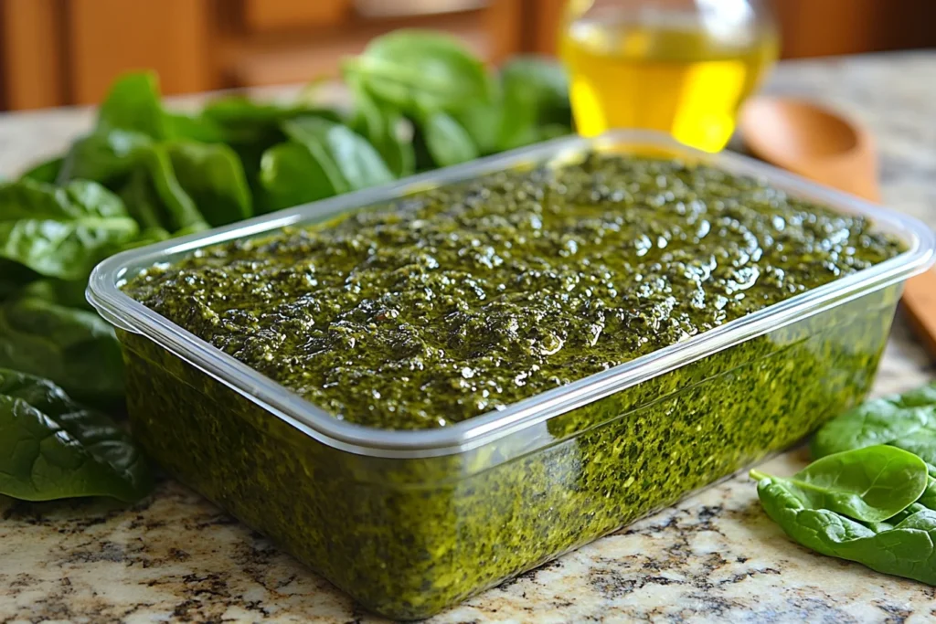 Fresh spinach pesto in an airtight container on a kitchen countertop