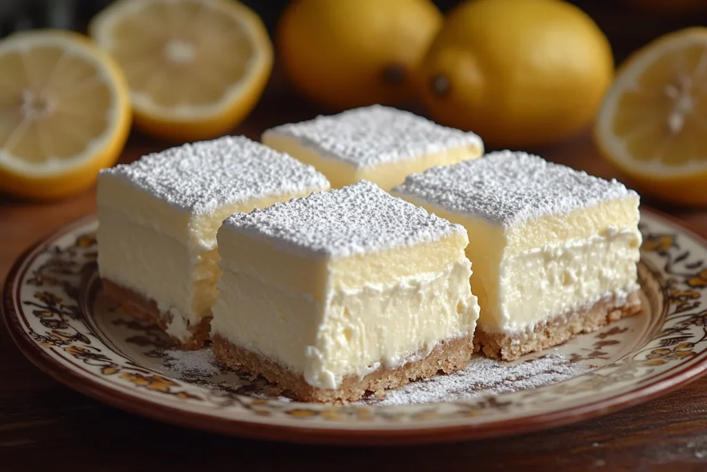 A plate of homemade lemon cream cheese bars topped with powdered sugar