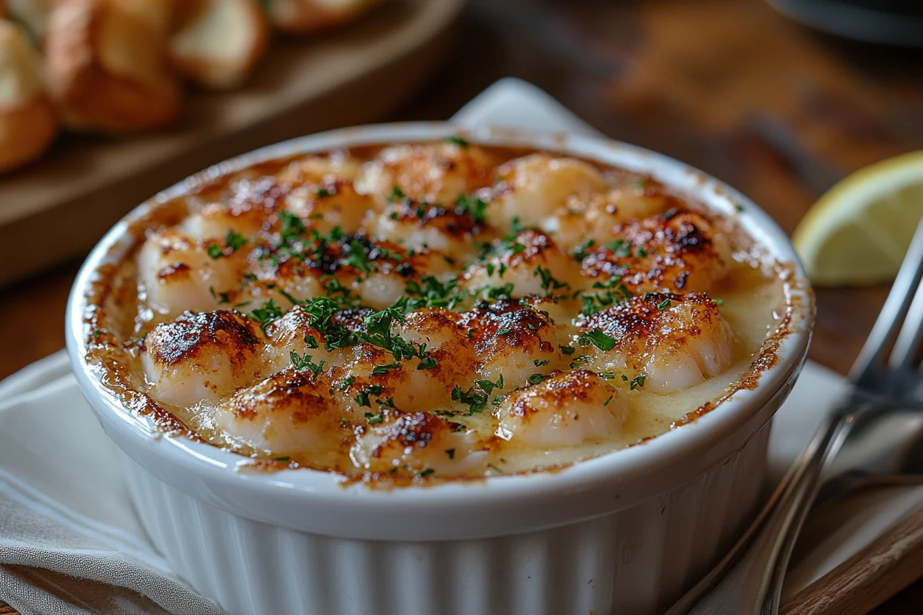 Crab Brulee served in a ramekin with a caramelized sugar crust