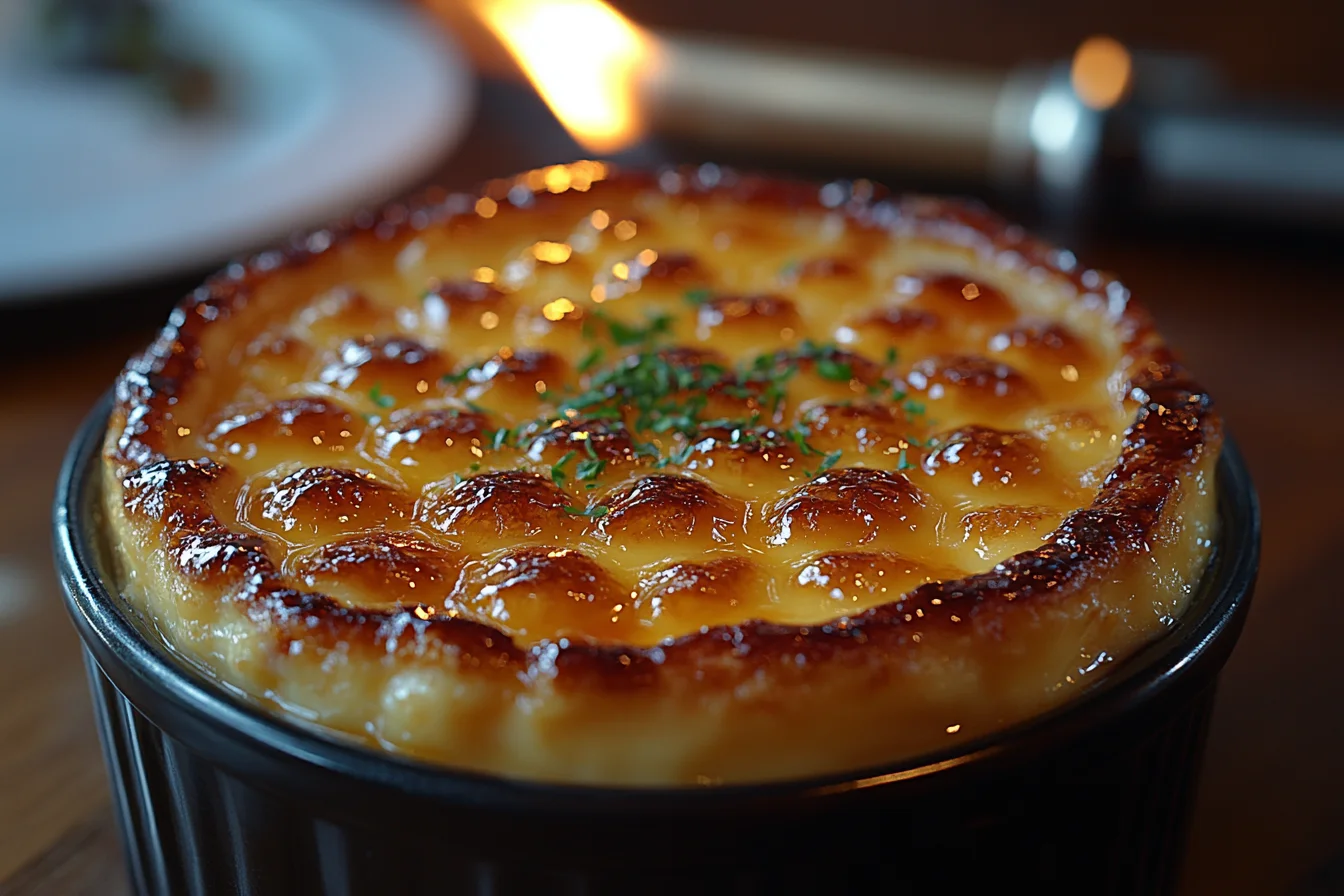 Crème brûlée with a caramelized sugar crust served in a ramekin with a blowtorch in the background