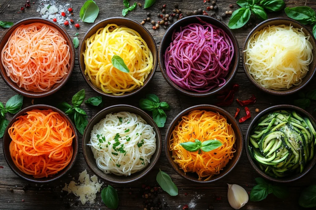Keto-friendly noodles variety displayed on a wooden table