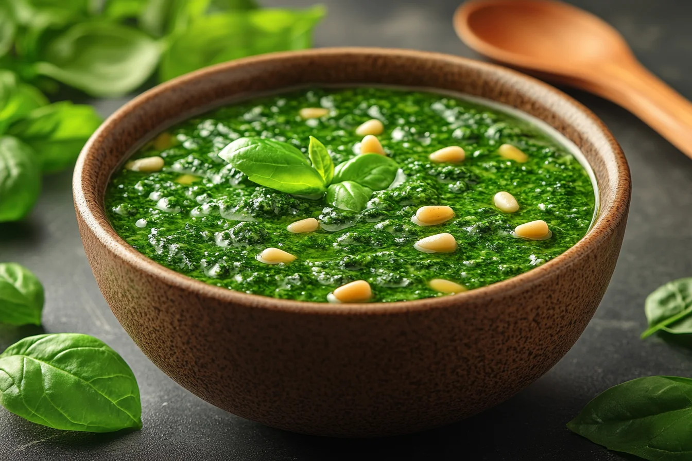 A bowl of vibrant green spinach pesto served with fresh basil leaves and pine nuts