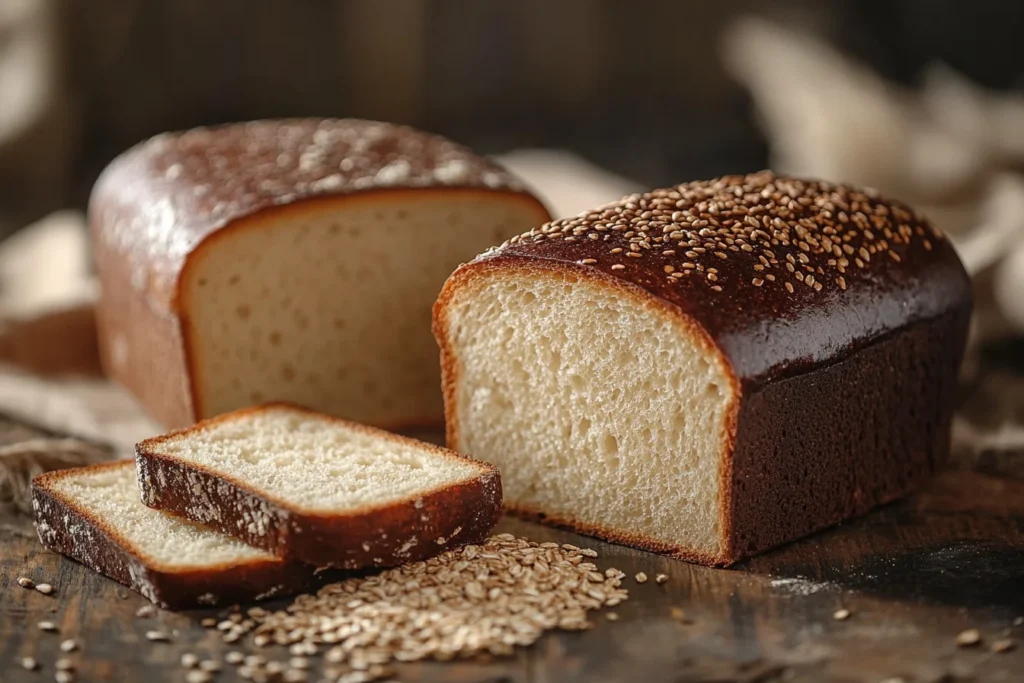 A fresh loaf of Italian bread next to white bread on a rustic table