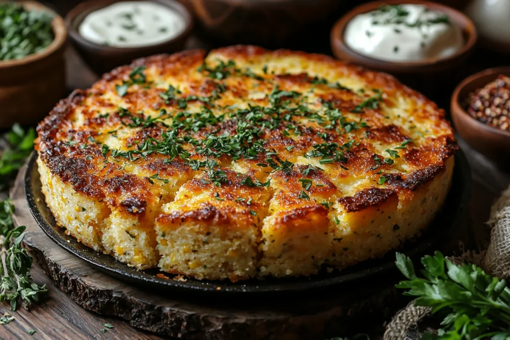 Rustic skillet of Southern cornbread with ingredients