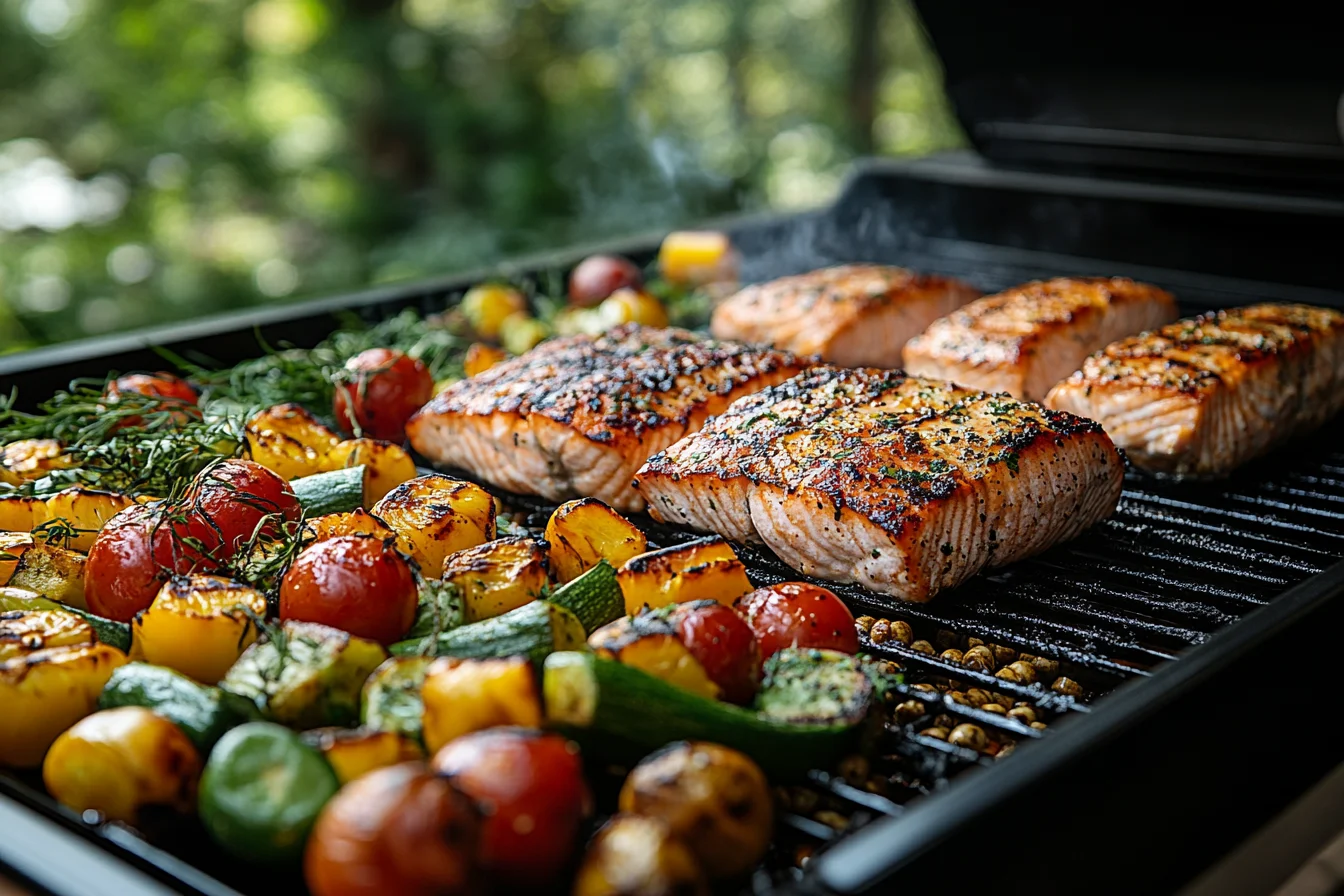 A Traeger grill cooking vegetables, salmon, and chicken for a balanced meal outdoors