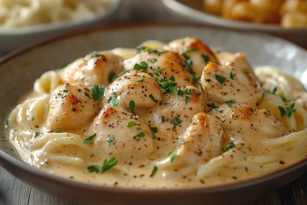 Crockpot Angel Chicken served with creamy sauce