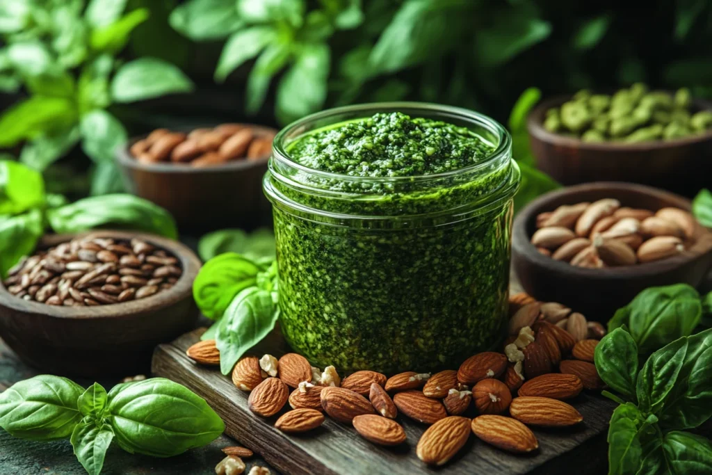 Pesto sauce with a variety of nuts and seeds as substitutes