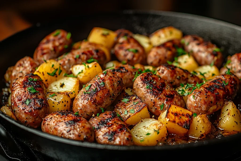 Potato Sausage Recipe: Easy and Delicious Dish 3 Cooking sausage and potatoes in a skillet
