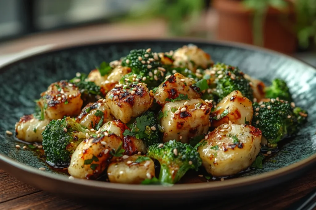 Perfectly plated roasted broccoli with olive oil drizzle