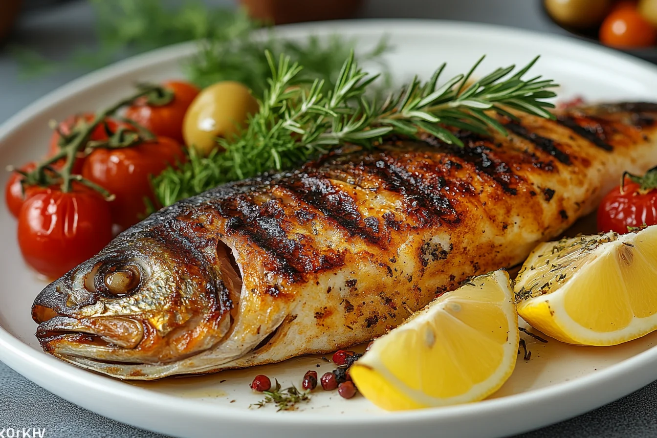 Whole grilled branzino served on a plate with lemon slices and fresh herbs