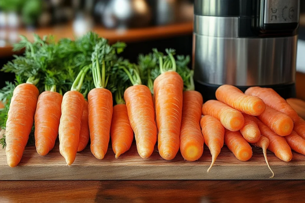 Fresh carrots prepared for juicing, with some peeled and others unpeeled