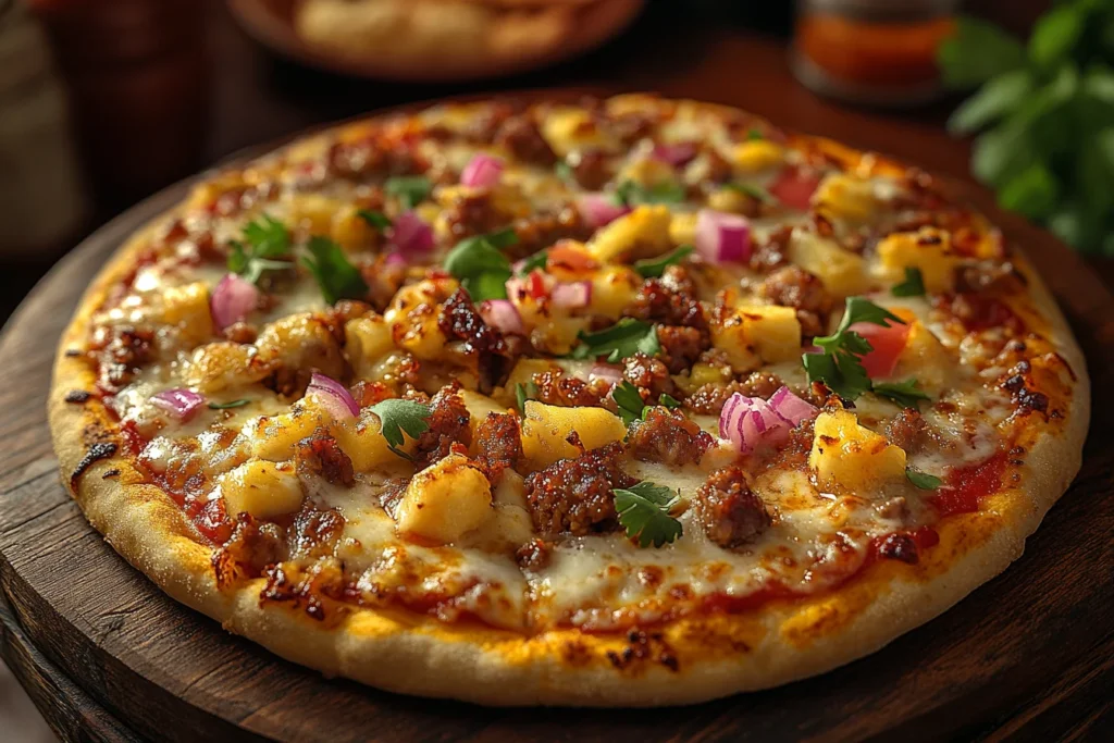 A freshly baked Cuban pizza with thick crust and gooey cheese