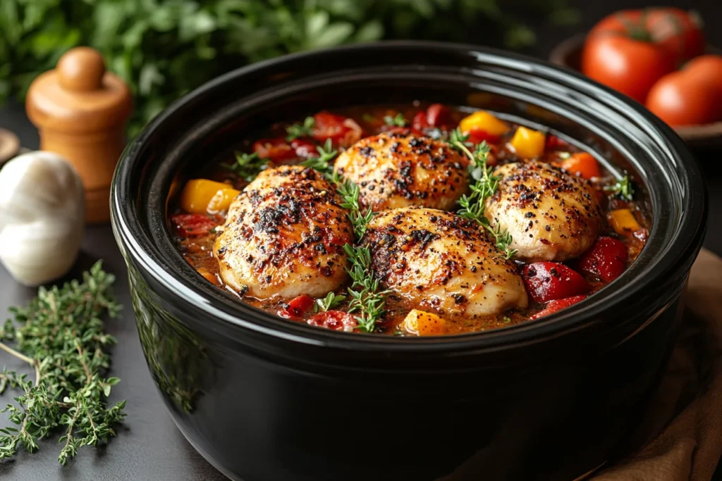 Crockpot with seasoned chicken cooking on low