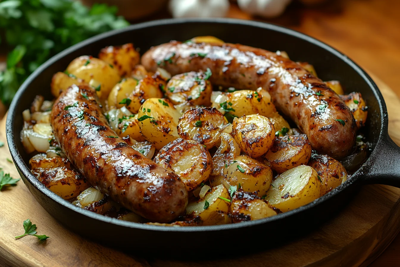 A delicious potato sausage dish served in a skillet