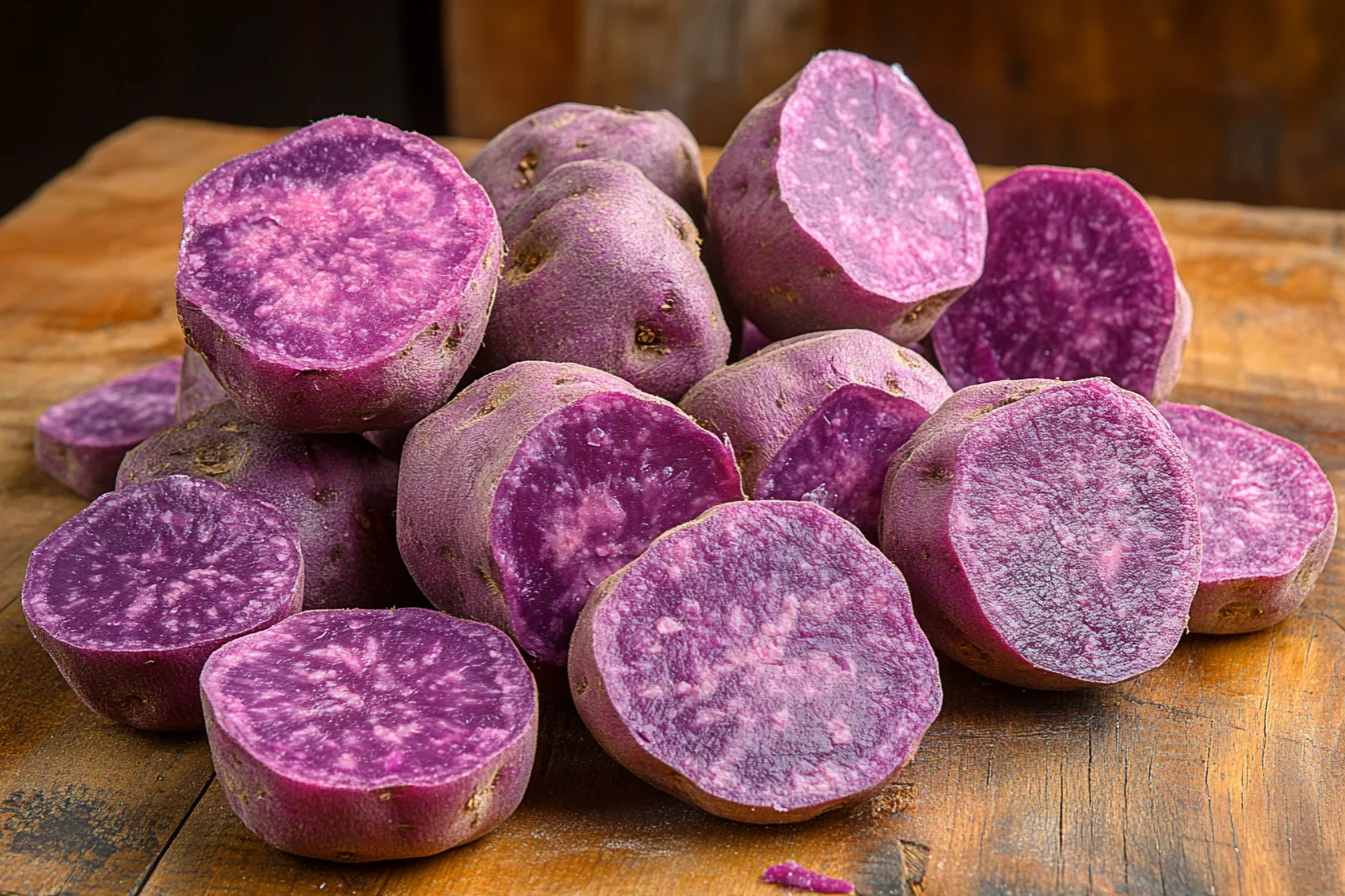 A pile of fresh purple sweet potatoes