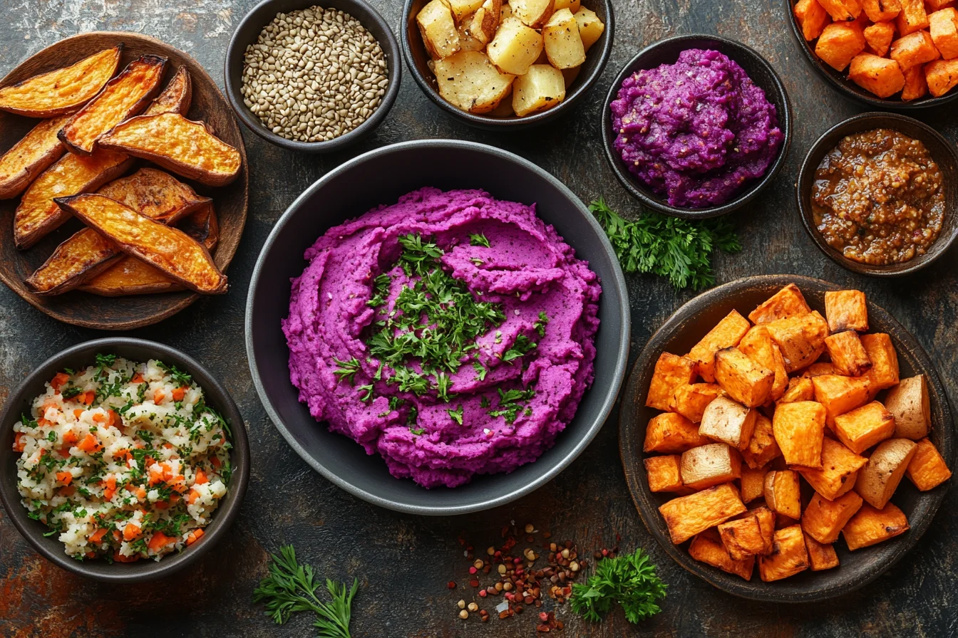 Purple sweet potatoes in different dishes