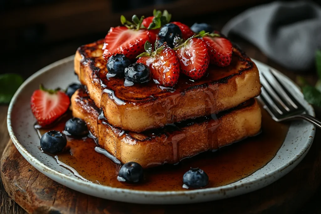 A plate of cinnamon French toast topped with syrup and fresh fruit