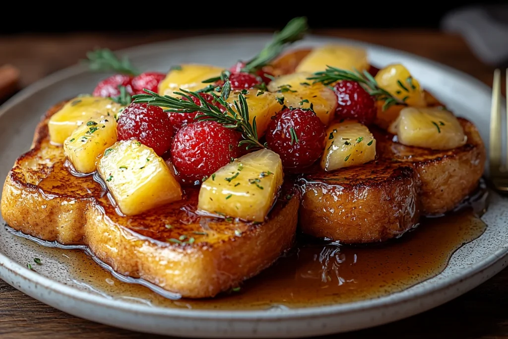 A plate of golden, crispy French toast topped with fresh fruits and syrup