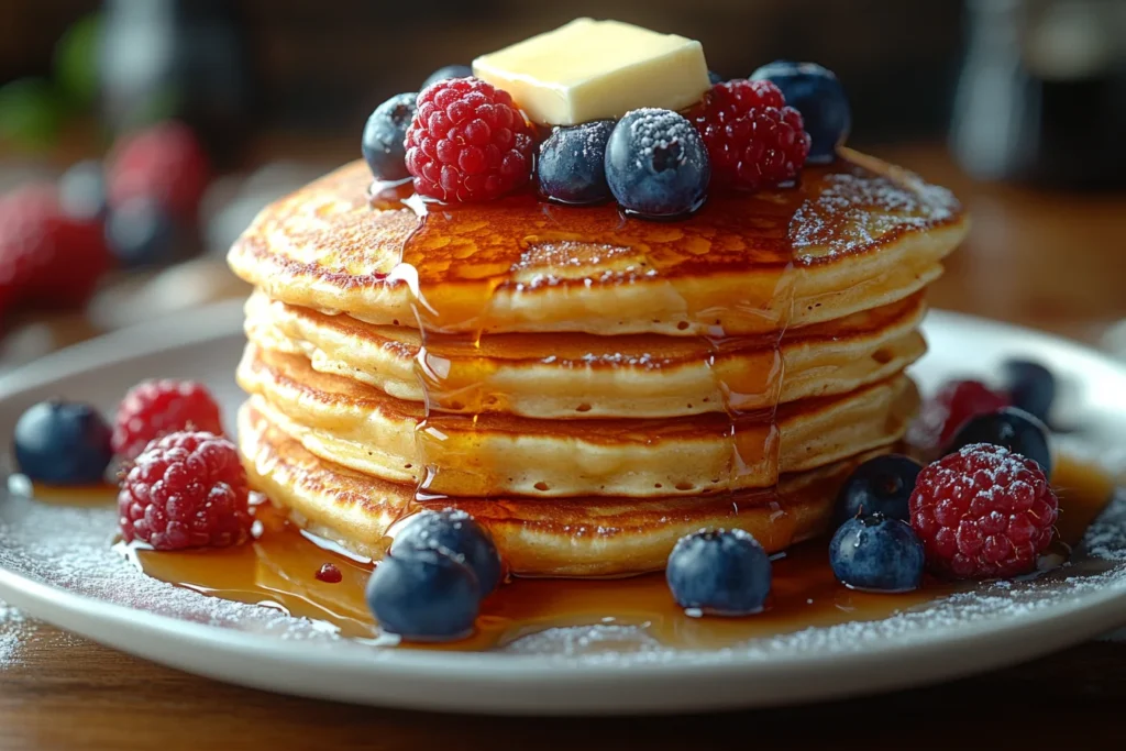 A stack of golden, fluffy pancakes topped with syrup and fresh fruit