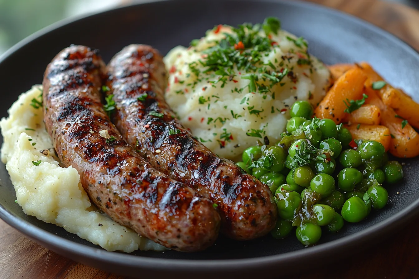 A plate of potato sausage with mashed potatoes and fresh vegetables