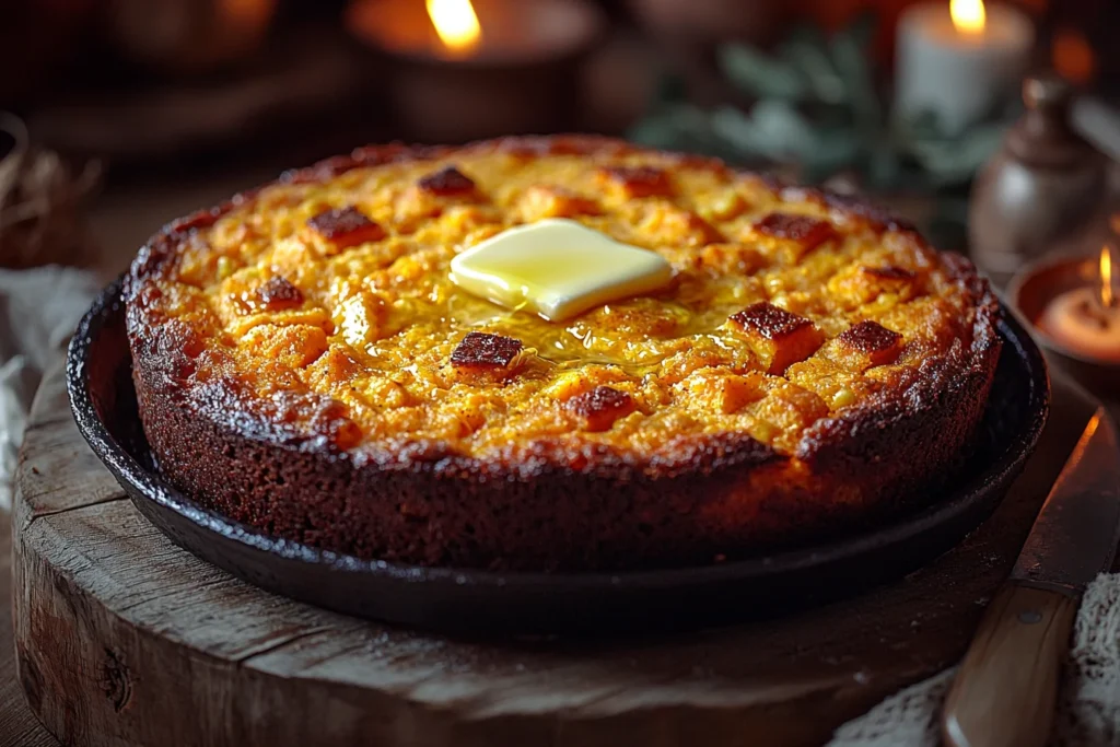 Golden Sweet Potato Cornbread in a Rustic Skillet