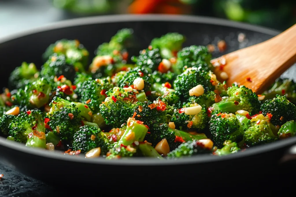 How Do Restaurants Make Broccoli Taste So Good? 3 Broccoli being sautéed with garlic and olive oil in a pan