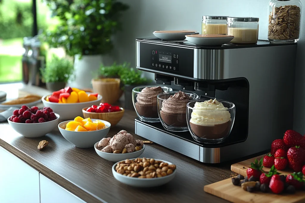 A Ninja Creami machine surrounded by various homemade frozen desserts