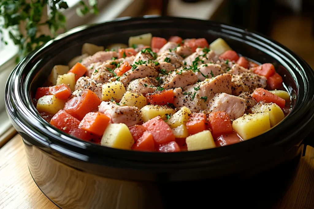 Slow cooker with raw chicken and vegetables inside