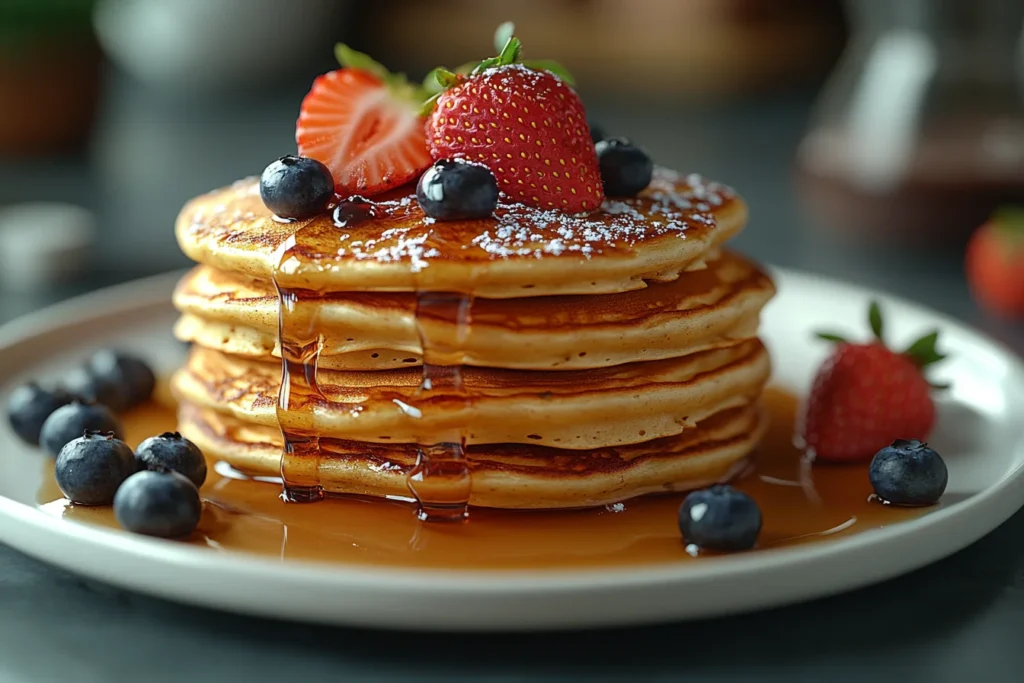 Plate of golden chocolate chip pancakes with syrup