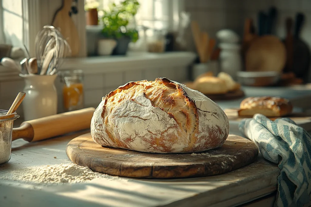 Rustic loaf of artisan bread with baking tools