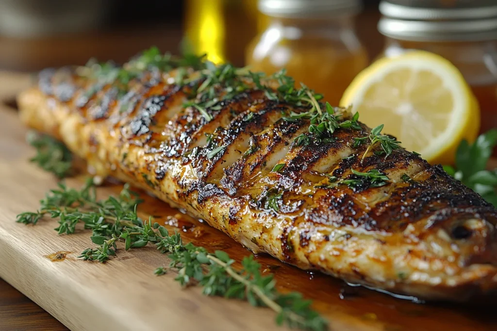 Is Branzino a Good Fish to Eat? 4 Grilled Branzino with herbs and lemon on a wooden serving board