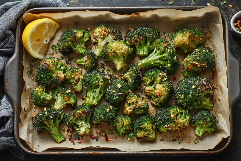 How Do Restaurants Make Broccoli Taste So Good? 4 Golden roasted broccoli on a baking tray with garnishes
