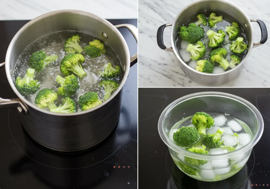 Why Do You Blanch Broccoli for Salad? 2 Broccoli florets being blanched in boiling water and ice water